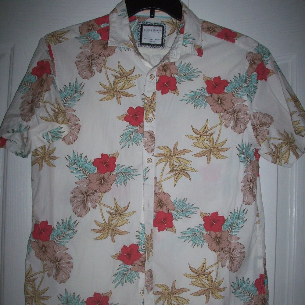Denim & flower Ricky Singh Women's Hibiscus Flower Tropical Shirt Slim Fit Large